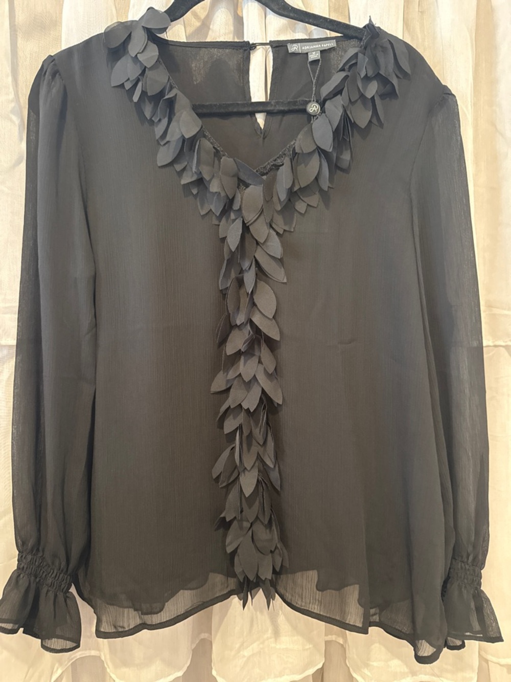 Adrianna Papell Black Sheer Leaf-Trim V-Neck Blouse